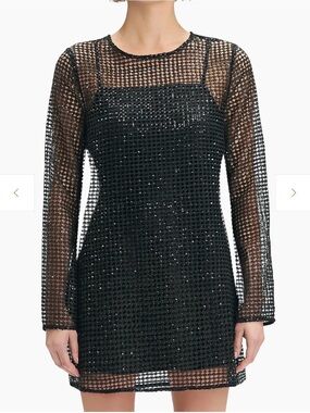 NWT Favorite Daughter Black Sequin Mesh Long-Sleeve Mini Dress